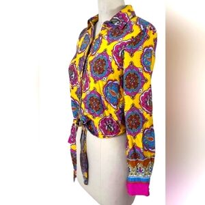 Haute Hippie Tie Blouse. Button Up. Yellow/Pink/Blue. Large